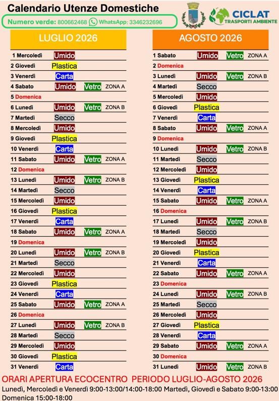 Calendario ritiro differenziata Calasetta - Luglio/Agosto 2026